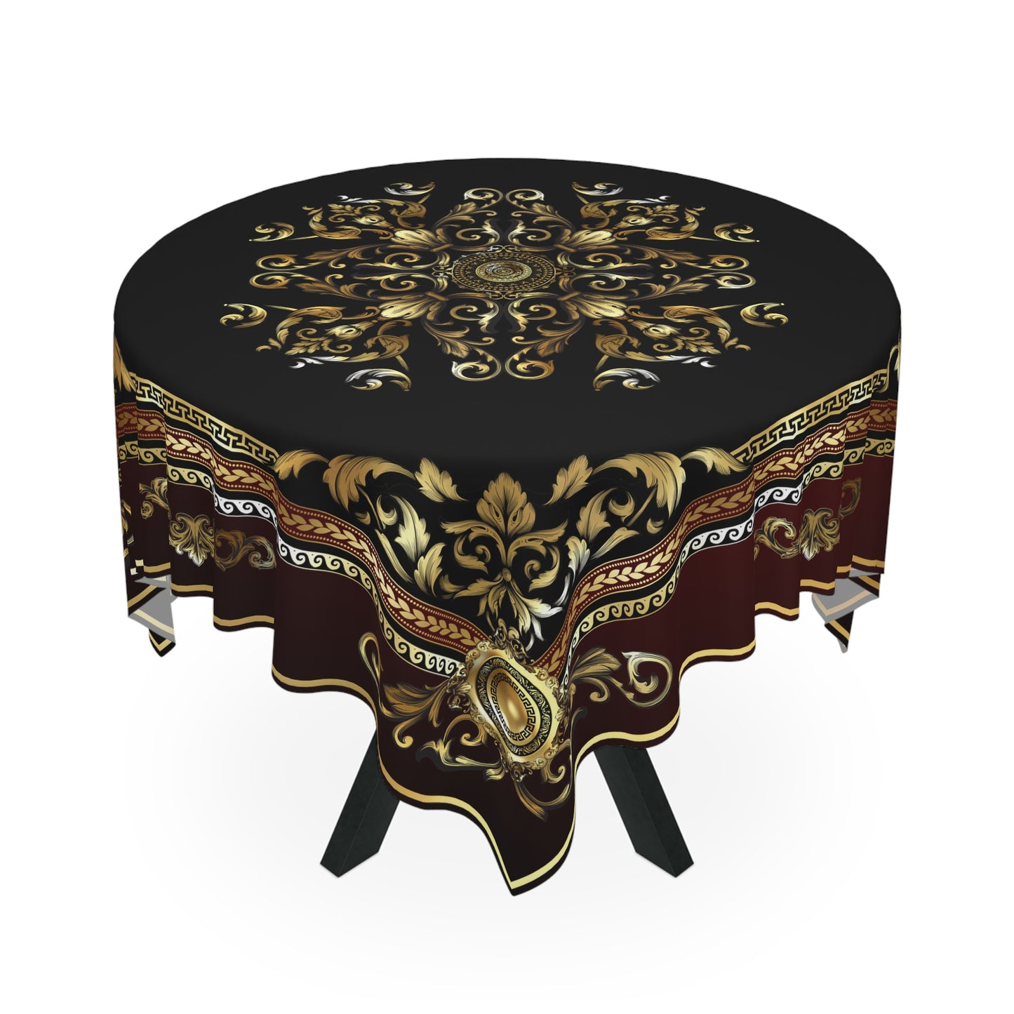 Ornate Baroque Black Maroon Gold Greek Key Tablecloth