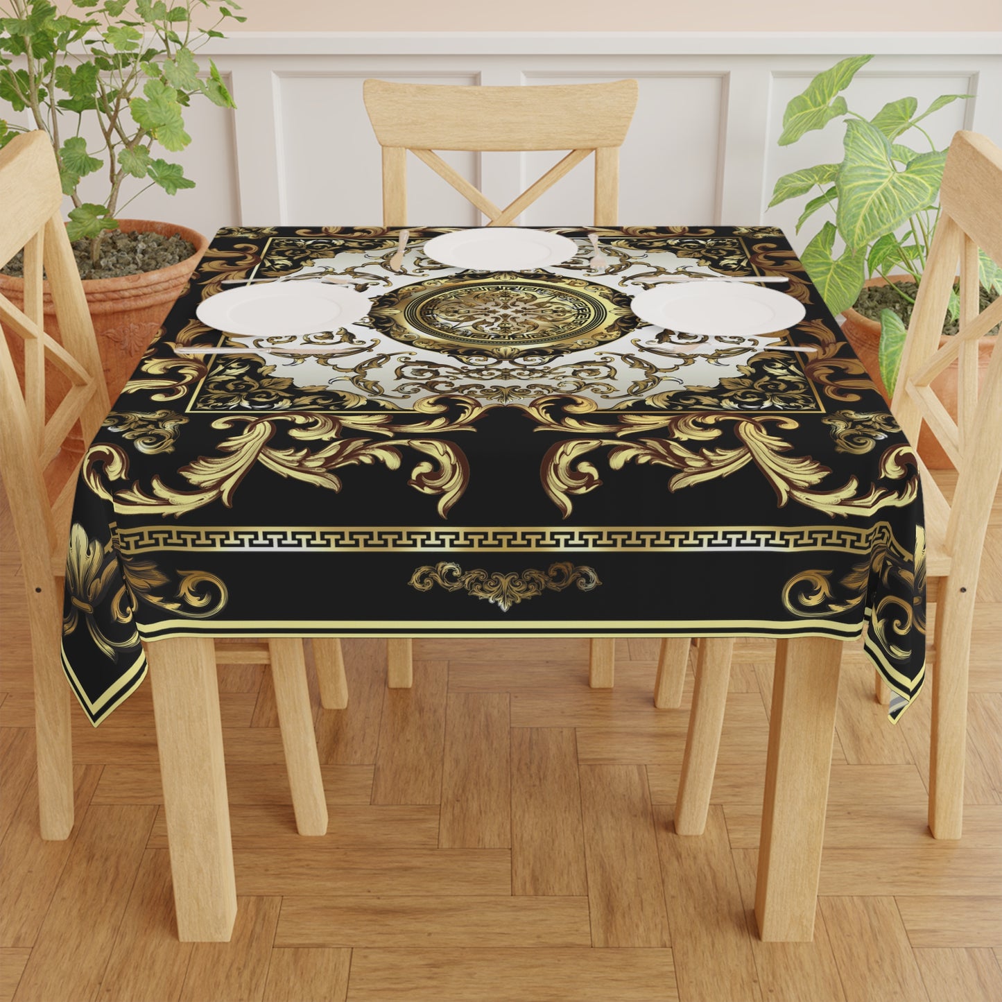 Greek Key Black Gold Cream Ornate Baroque Tablecloth