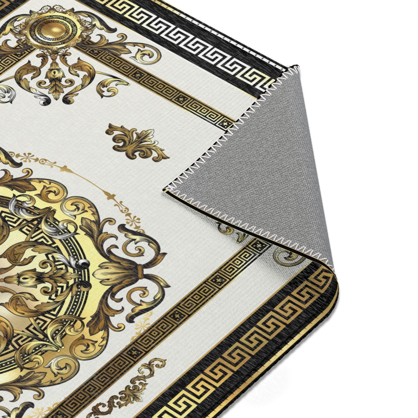 Greek Key Cream Black Gold Ornate Baroque Area Rugs