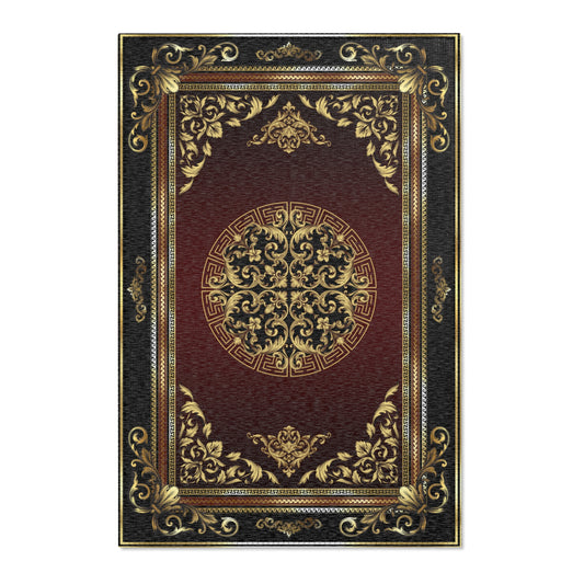 Baroque Ornate Black Gold Maroon Greek Key Area Rugs