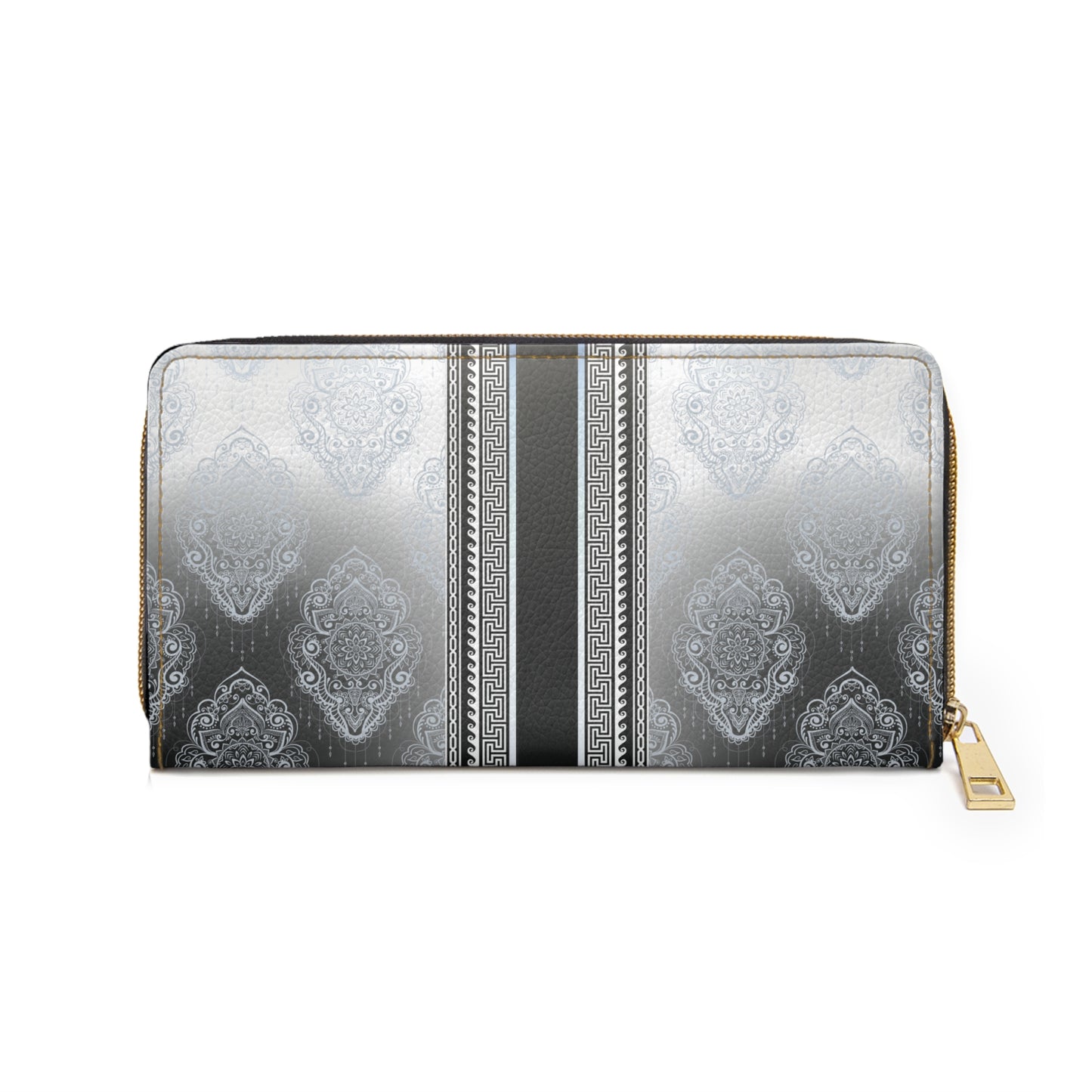 Greek Key Floral Silver Grey Blue Zipper Wallet