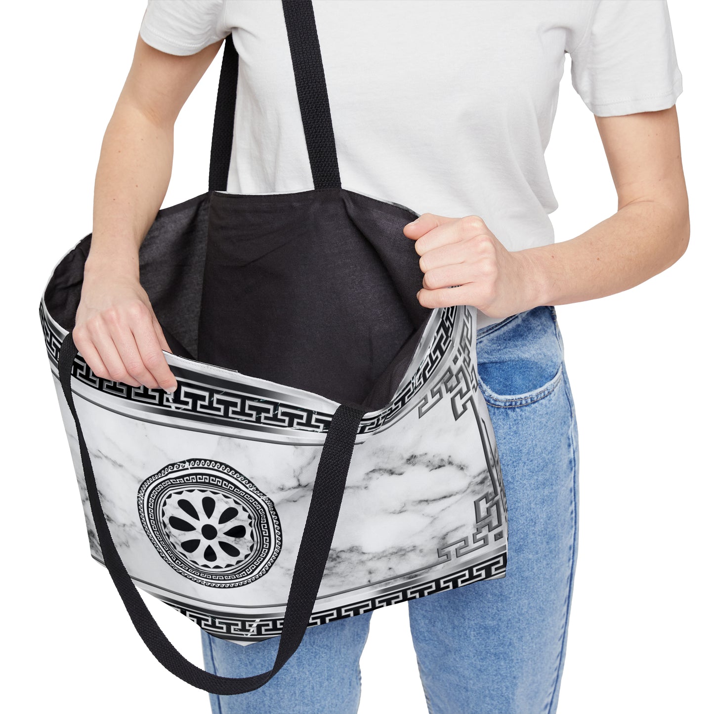 Greek Key Silver White Marbleized Weekender Tote Bag