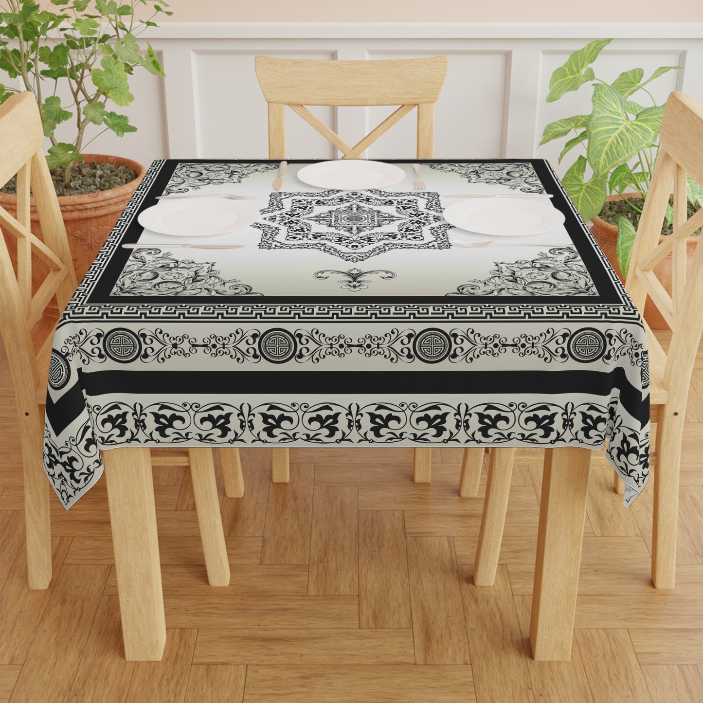 Black Cream Greek Key Ornate Baroque Tablecloth