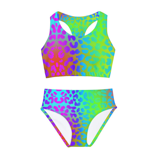 Neon Aqua Purple Pink Girls Two Piece Swimsuit