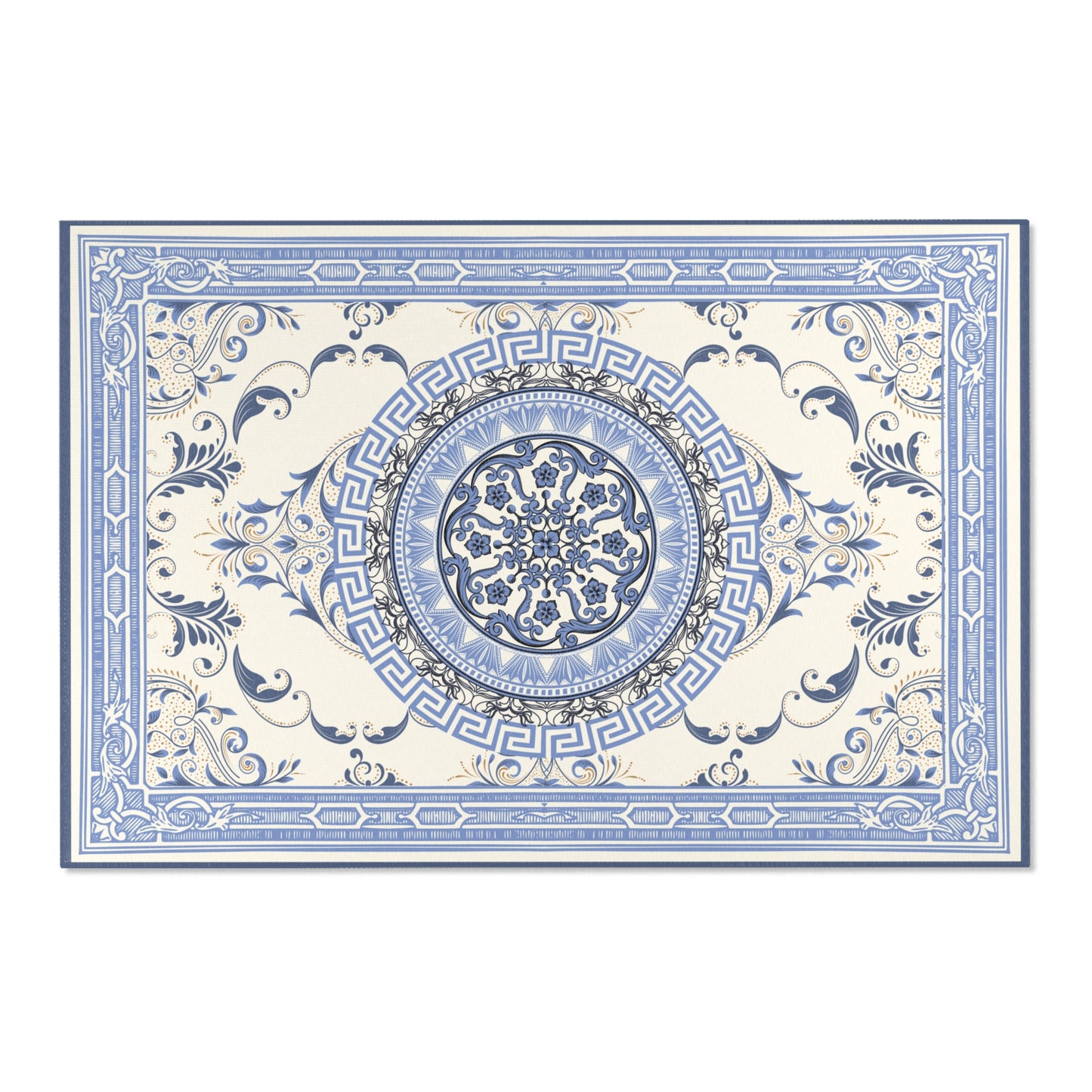 Blue Ornate Baroque Greek Key Area Rugs