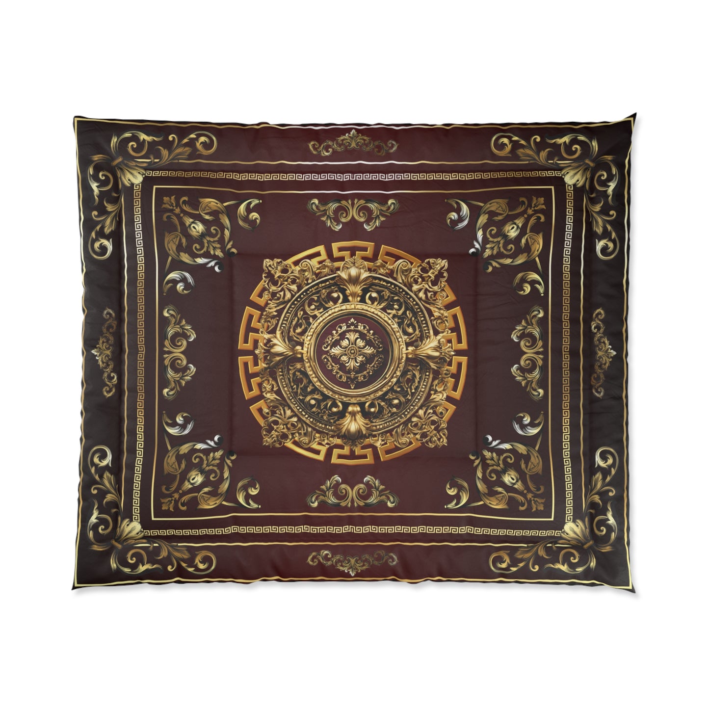 Greek Key Gold Maroon Black Ornate Comforter