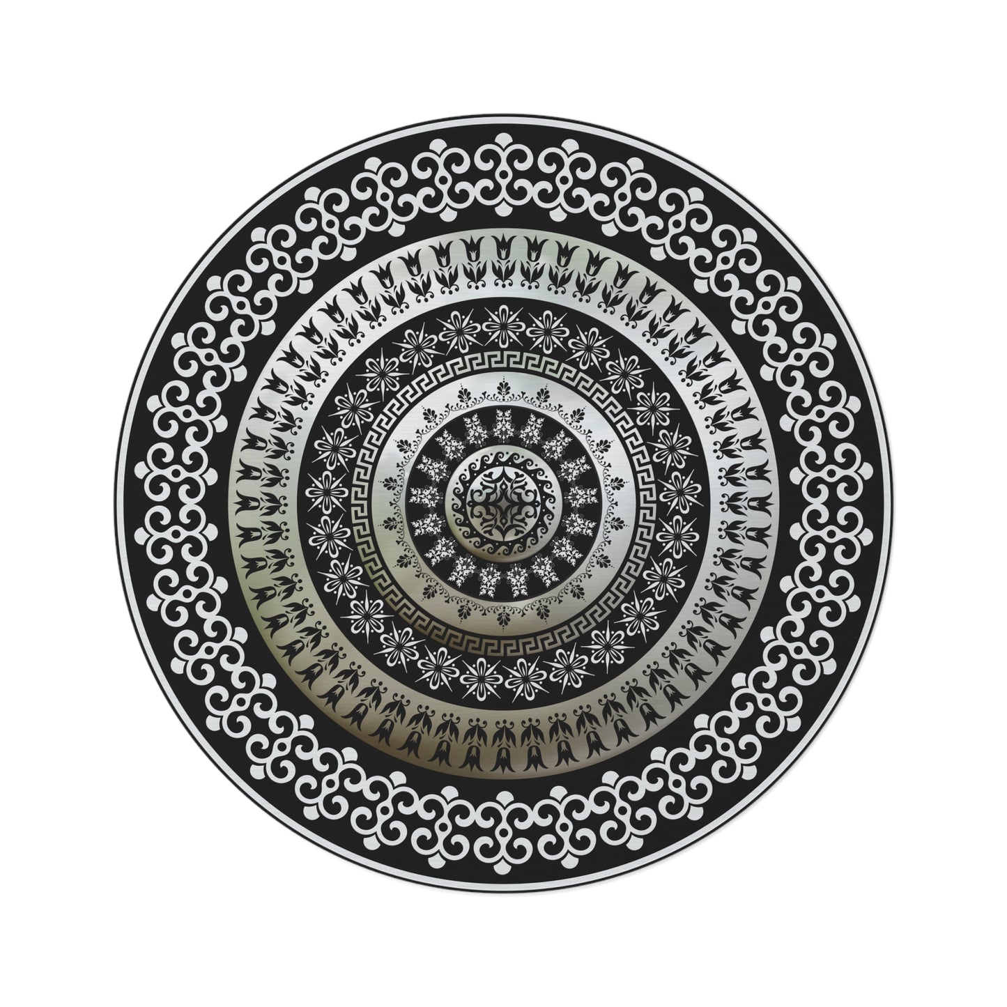 Ornate Greek Key White Black Cream Round Rug