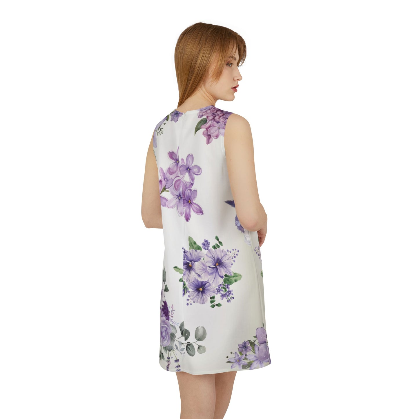 Cream Purple Green Floral Black A-line Sleeveless Dress