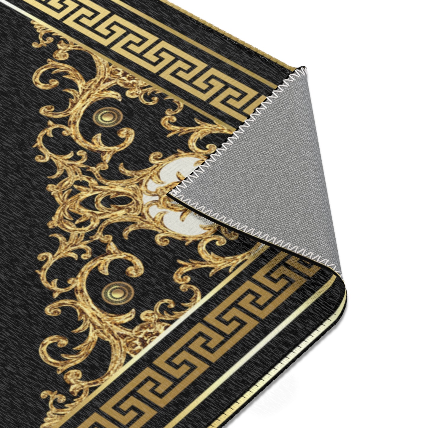 Ornate Baroque Black Gold Greek Key Gold Trim Area Rugs