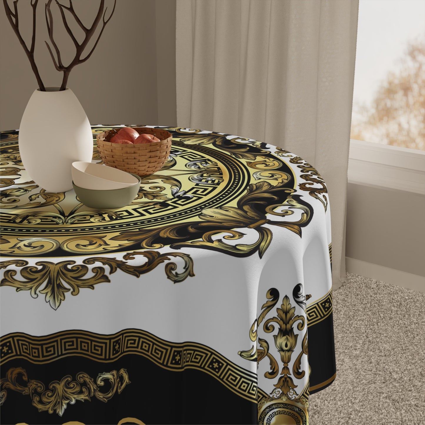 Black Gold White Greek Key Ornate Tablecloth