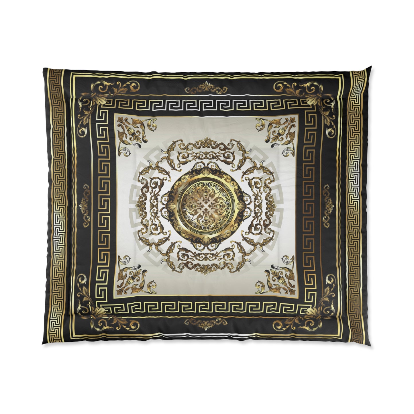 Ornate Medallion Gold Black Greek Key Comforter