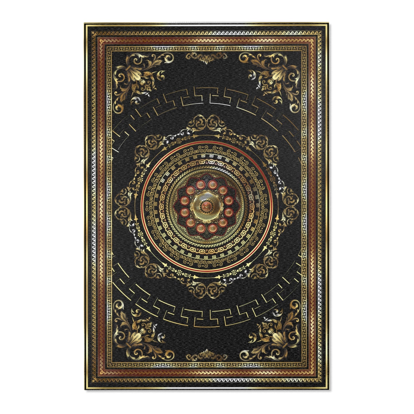 Ornate Baroque Greek Keys Gold Black Red Area Rugs