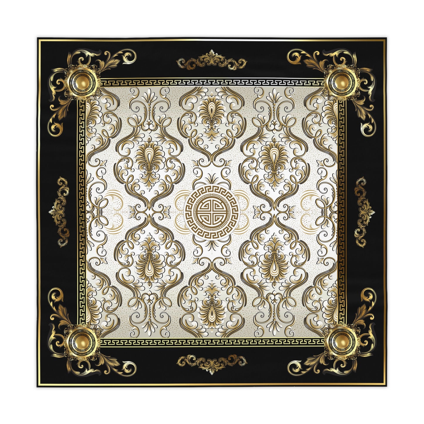 Floral Ornate Baroque Black Gold Greek Key Tablecloth