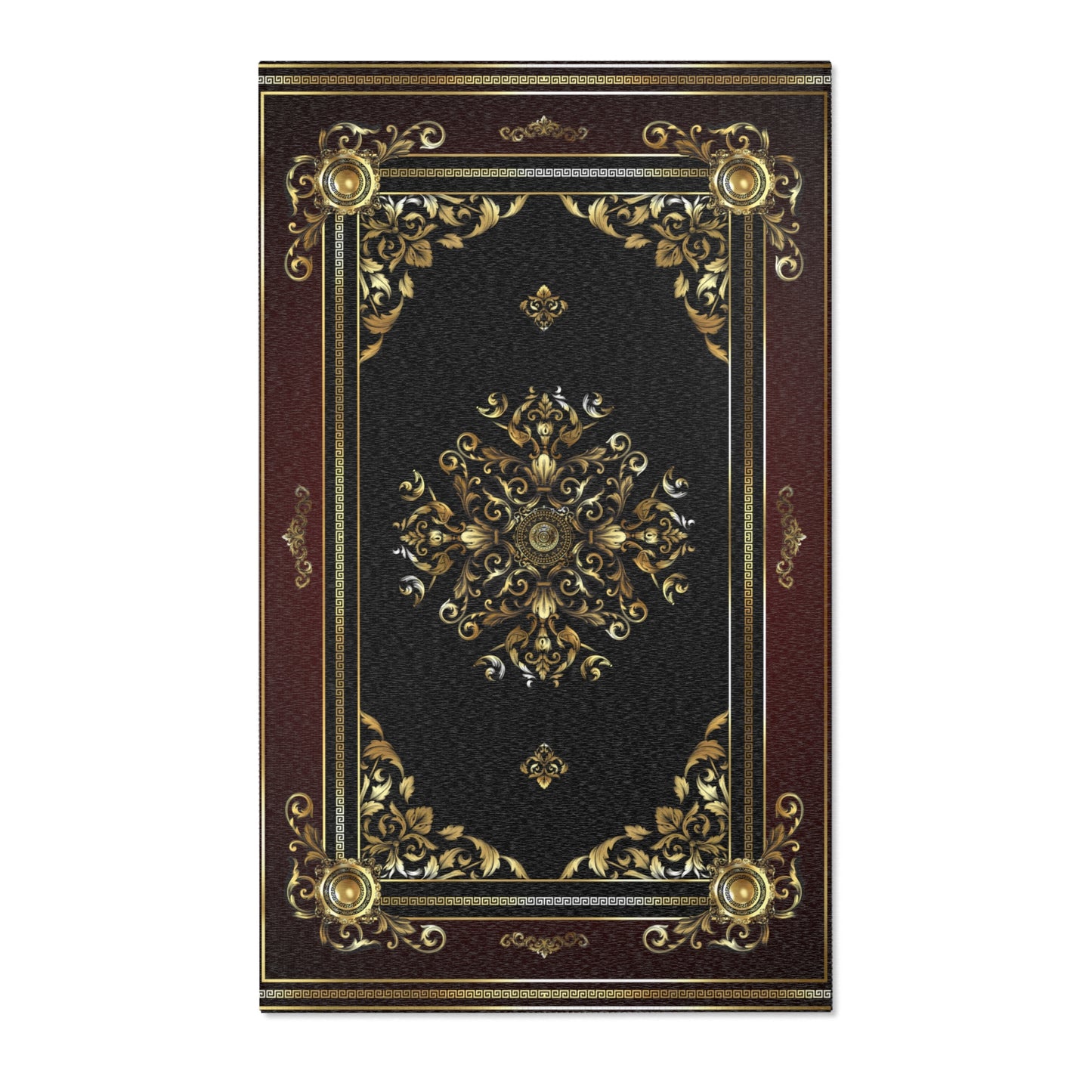 Ornate Gold Baroque Greek Key Black Maroon Area Rug