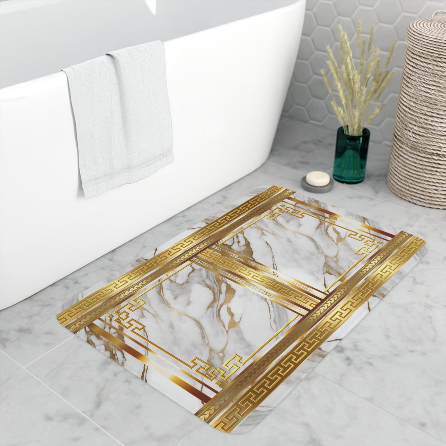 Greek Key White Gold Marbleized Memory Foam Bath Mat