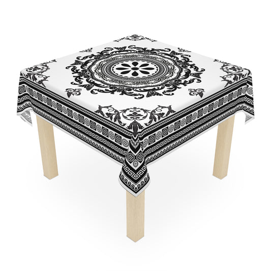 White Black Floral Greek Key Tablecloth