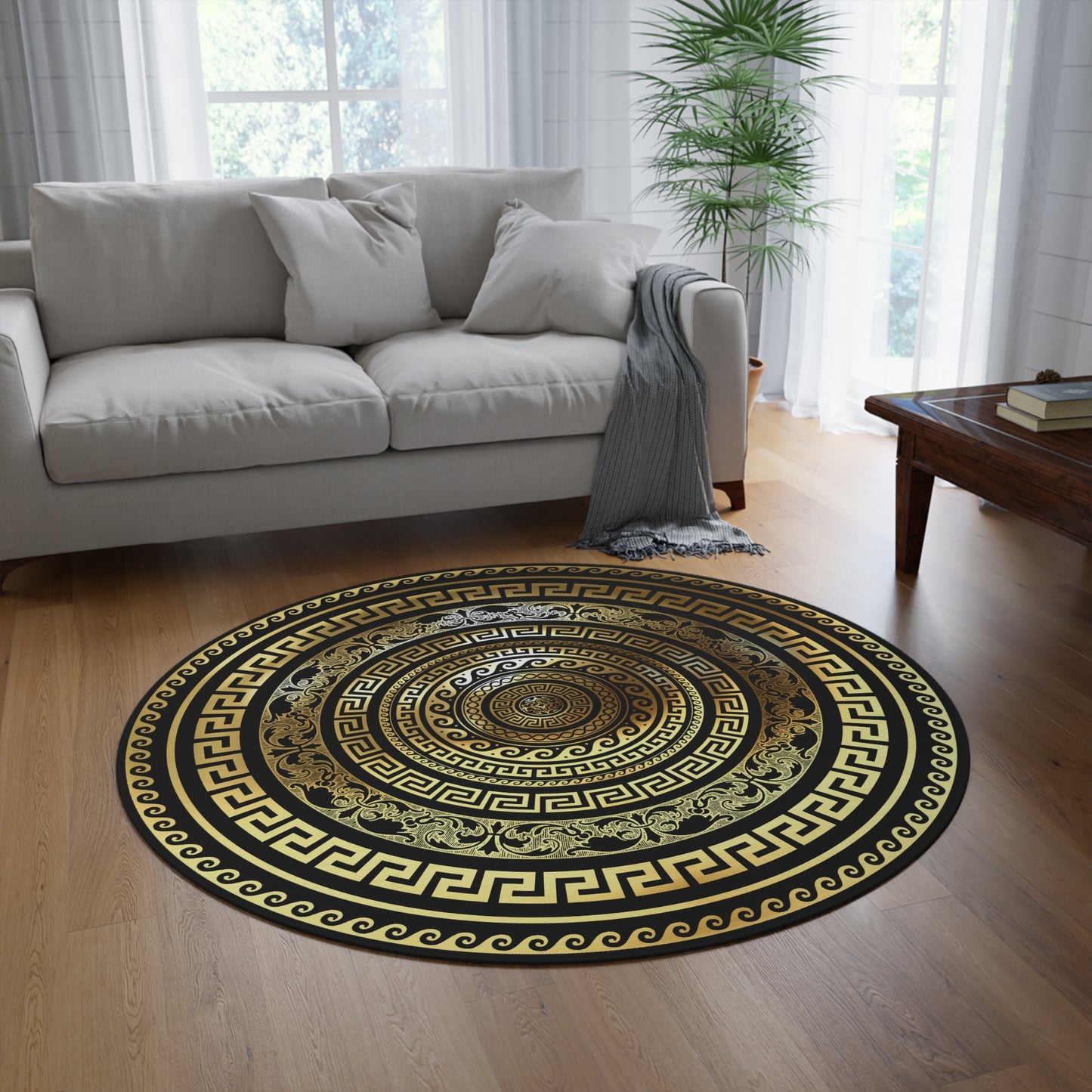 Greek Key Black Gold Round Rug