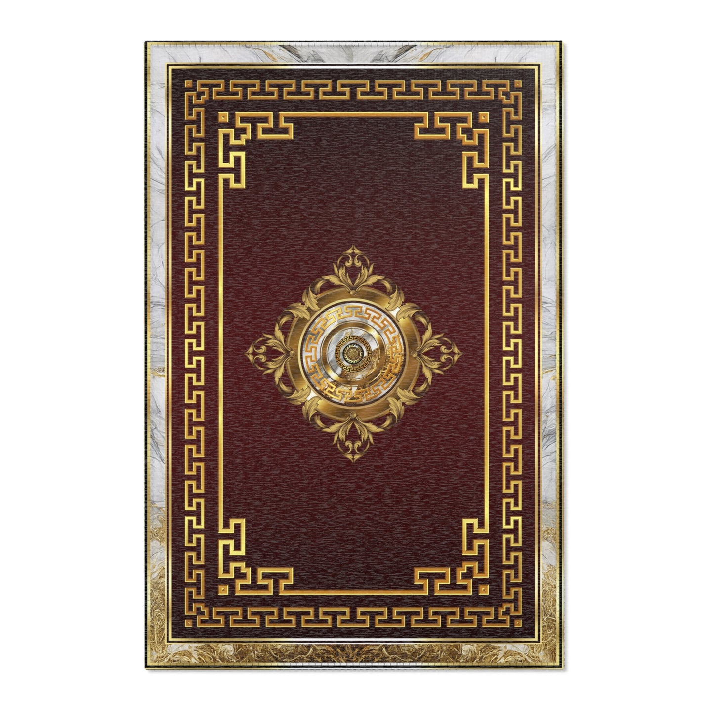 Gold Greek Keys Maroon White Gold Trim Area Rug