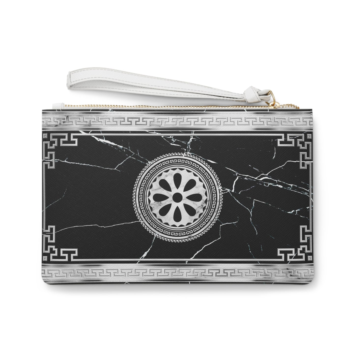 Greek Key Silver Black Marbleized Clutch Bag