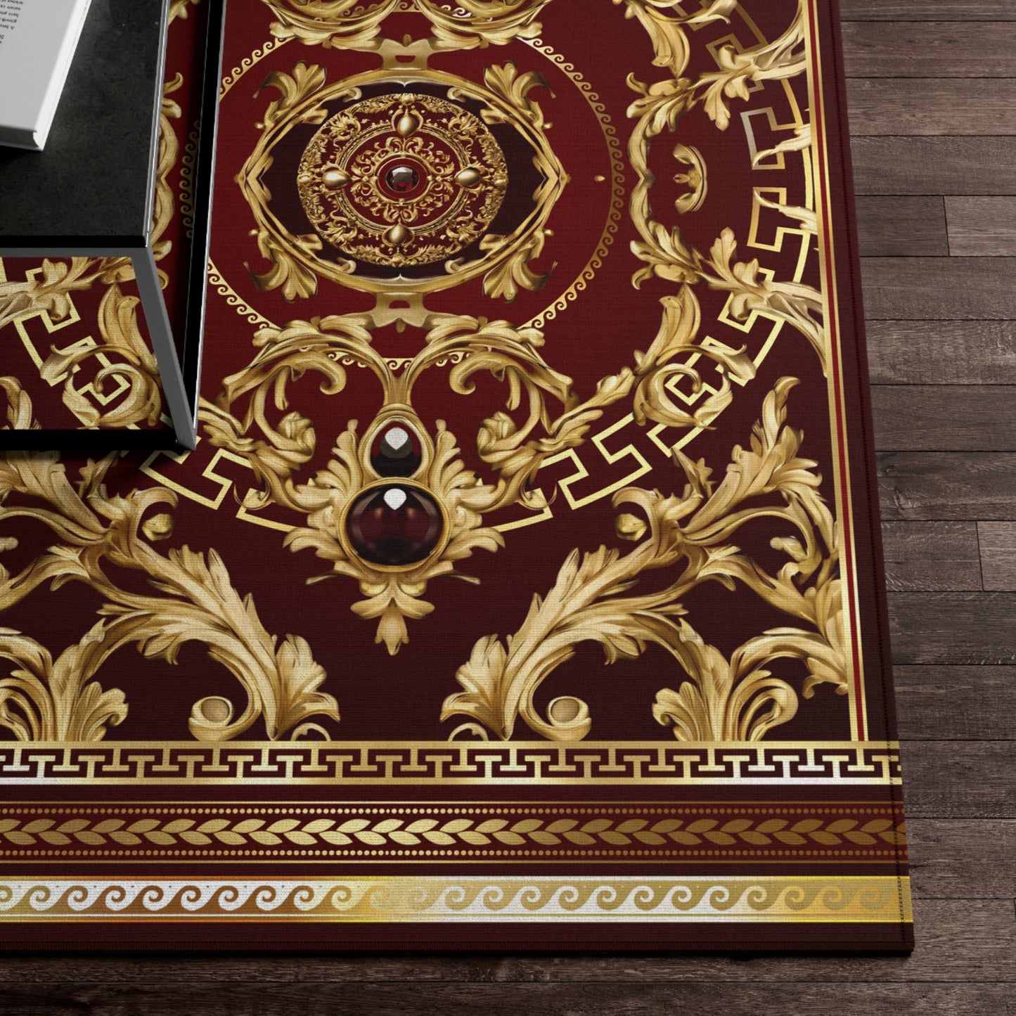 Greek Key Gold Maroon Ornate Baroque Medallion Dornier Rug