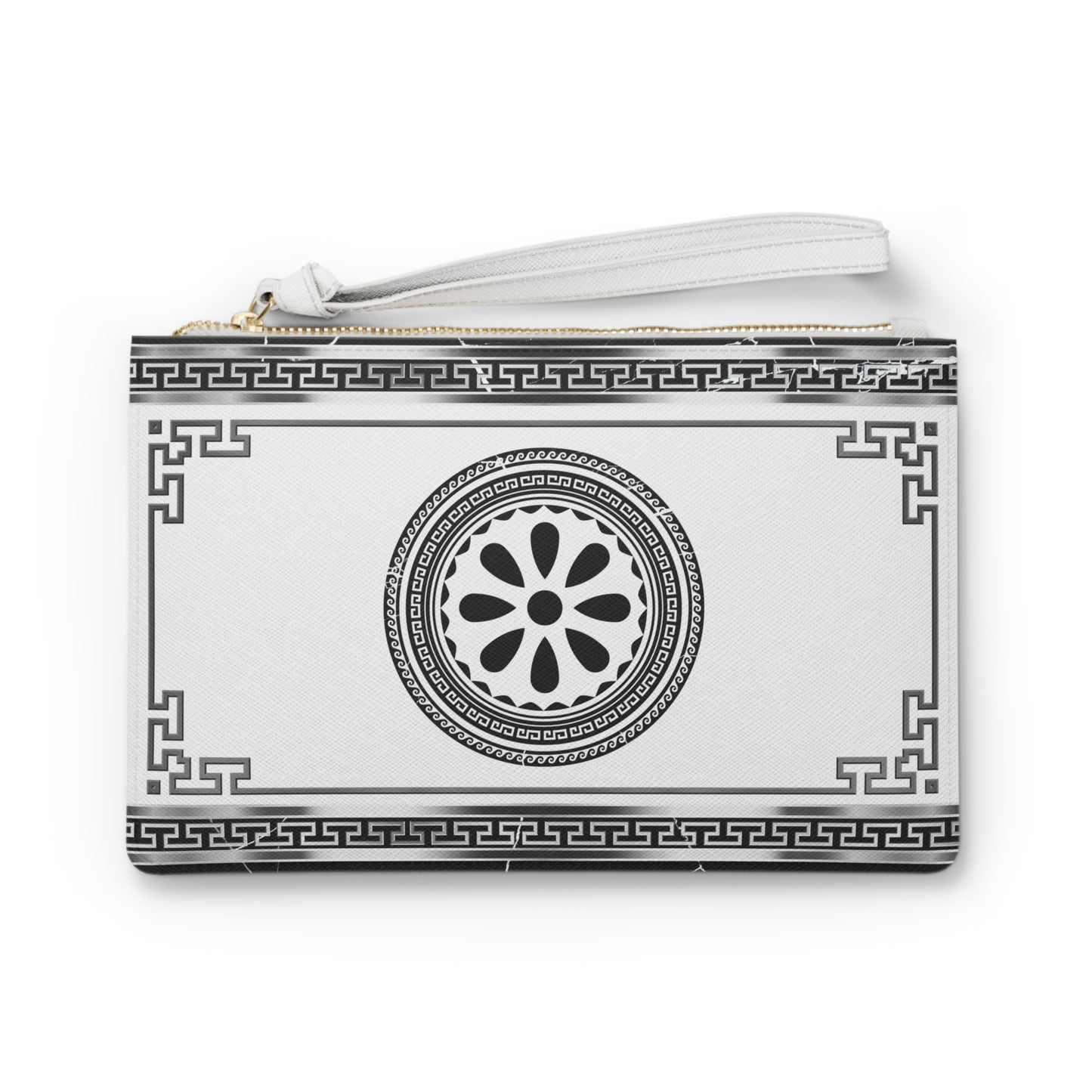 Greek Key Silver Flower Vegan Leather Clutch Bag