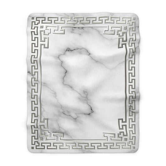 Silver Greek Key White Marble Sherpa Fleece Blanket