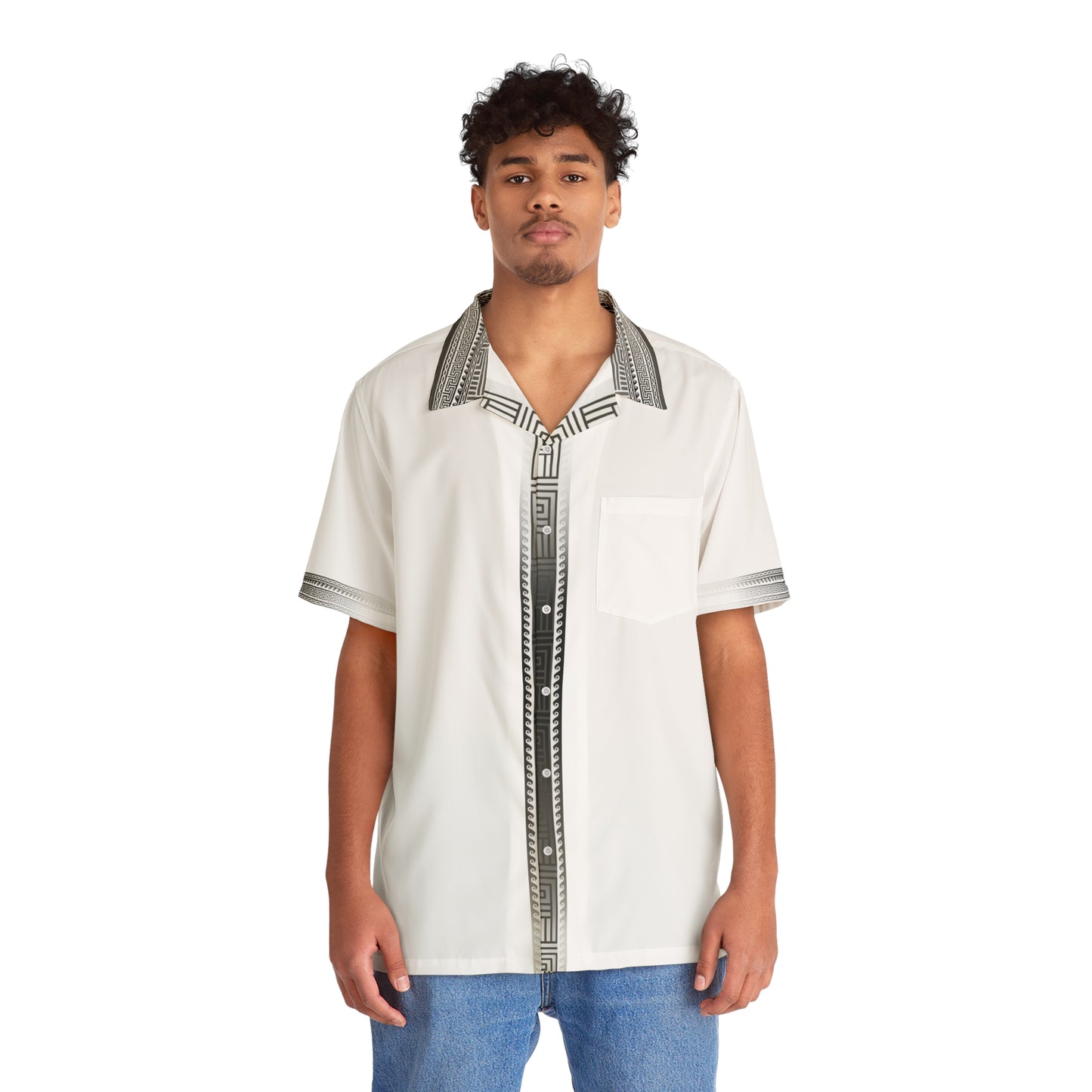 Greek Key Silver White/Black Silver Hawaiian Style Shirt