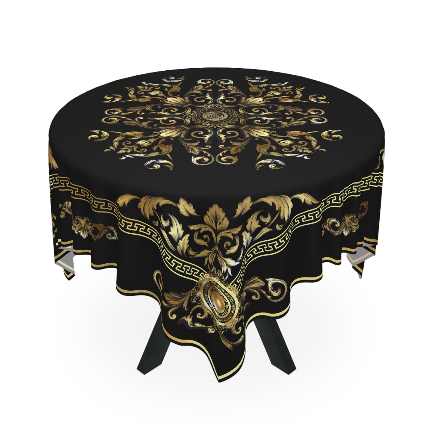 Ornate Baroque Black Gold Greek Key Tablecloth