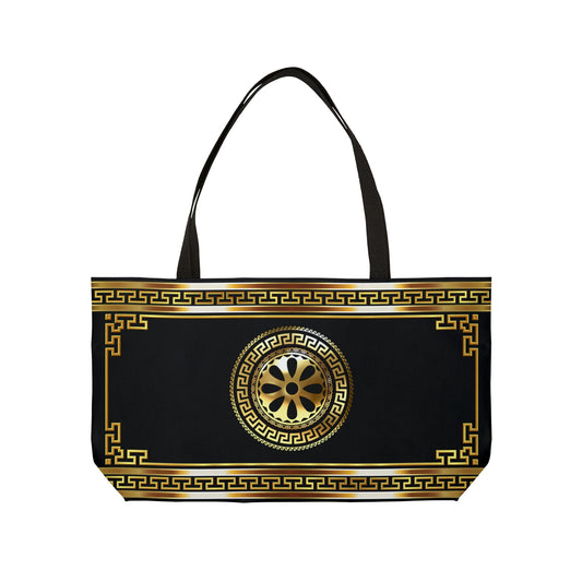 Greek Key Gold Black Flower Weekender Tote Bag