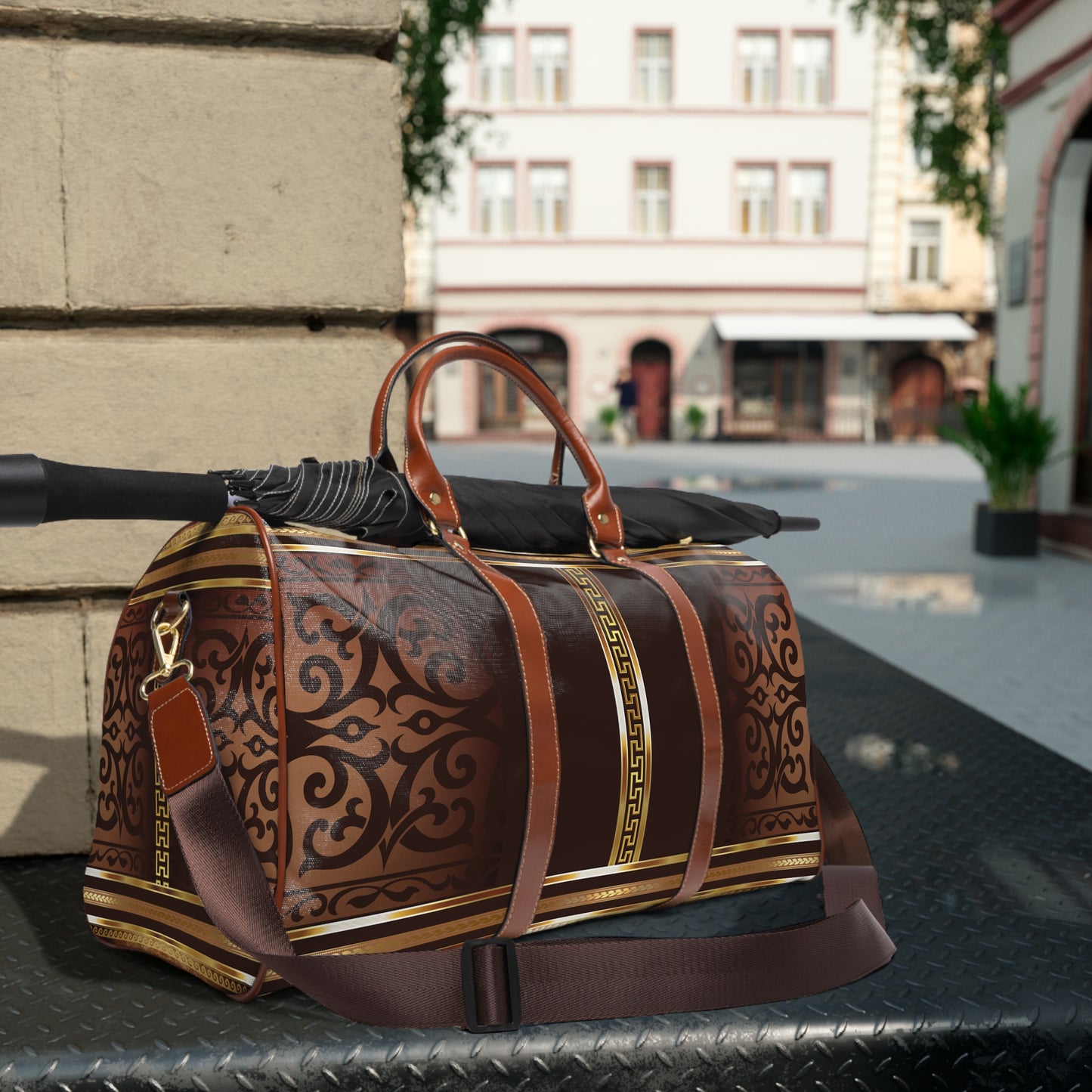 Brown Gold Greek Key Waterproof Travel Bag