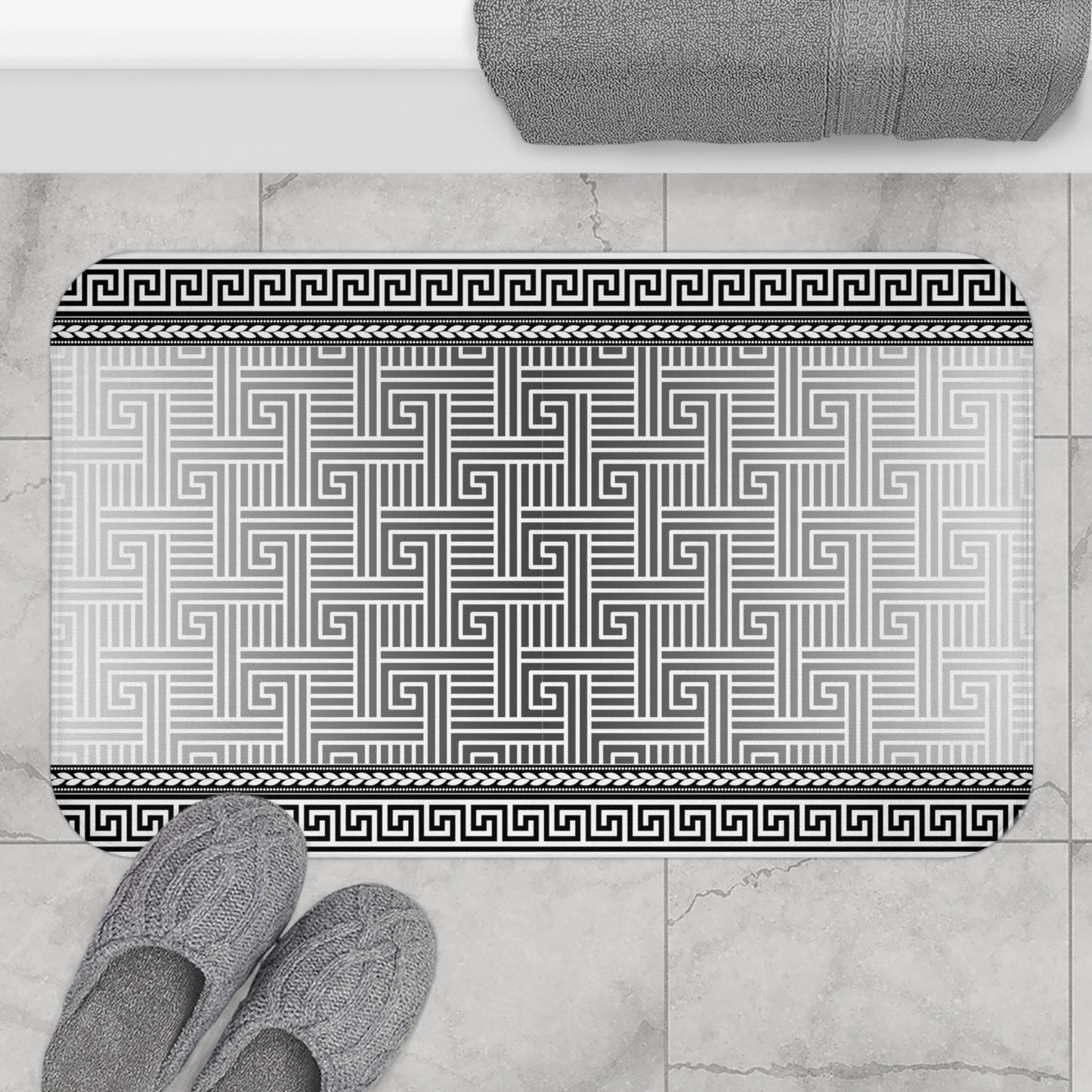 Black Grey White Greek Key Bath Mat