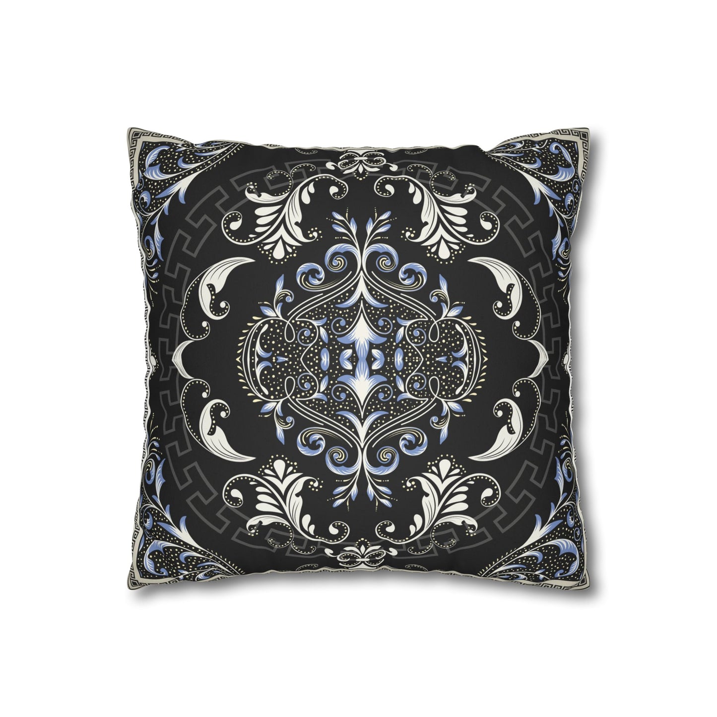 Floral Black Cream Greek Key Faux Suede Square Pillowcase (CASE ONLY)