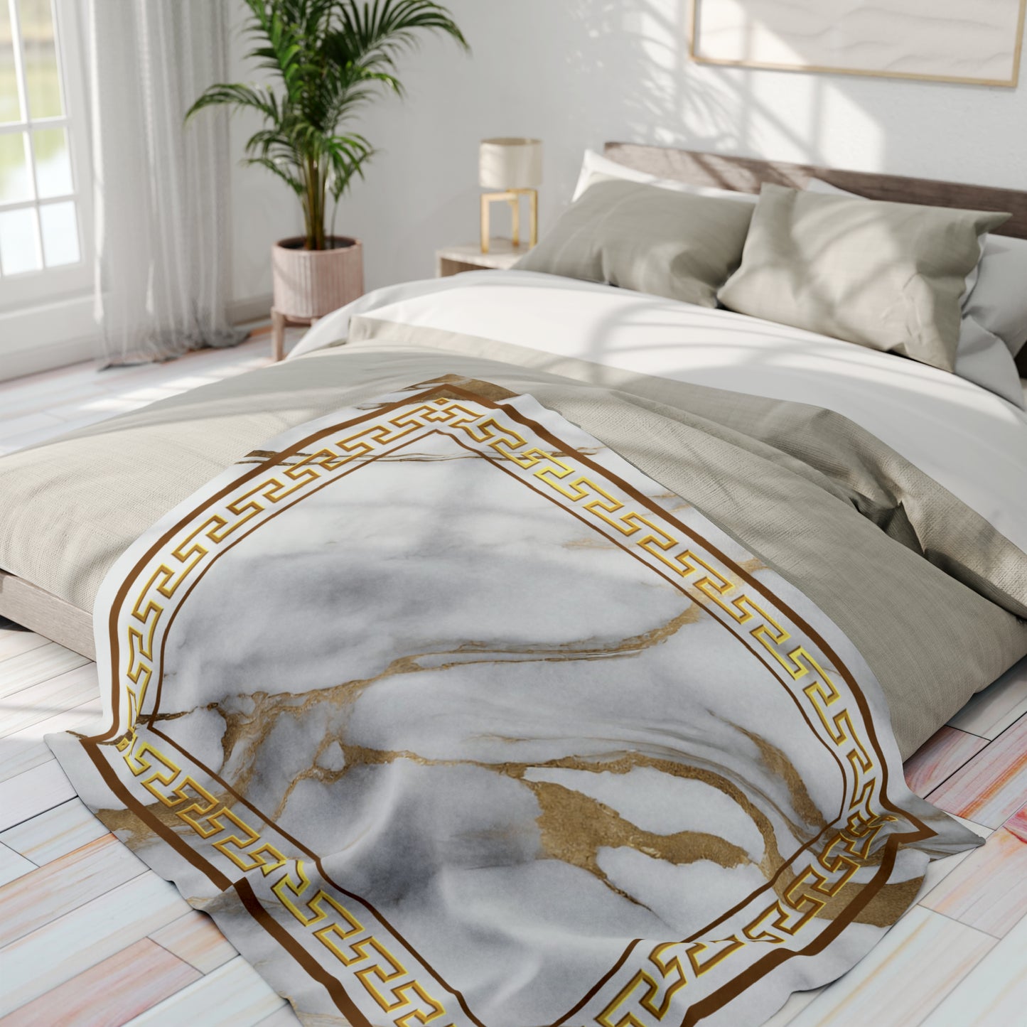 Greek Key Gold White Marbleized Arctic Fleece Blanket