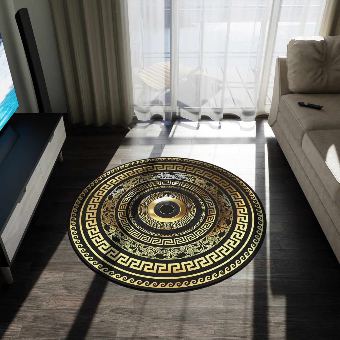 Mati Evil Eye Greek Key Black Gold Round Rug