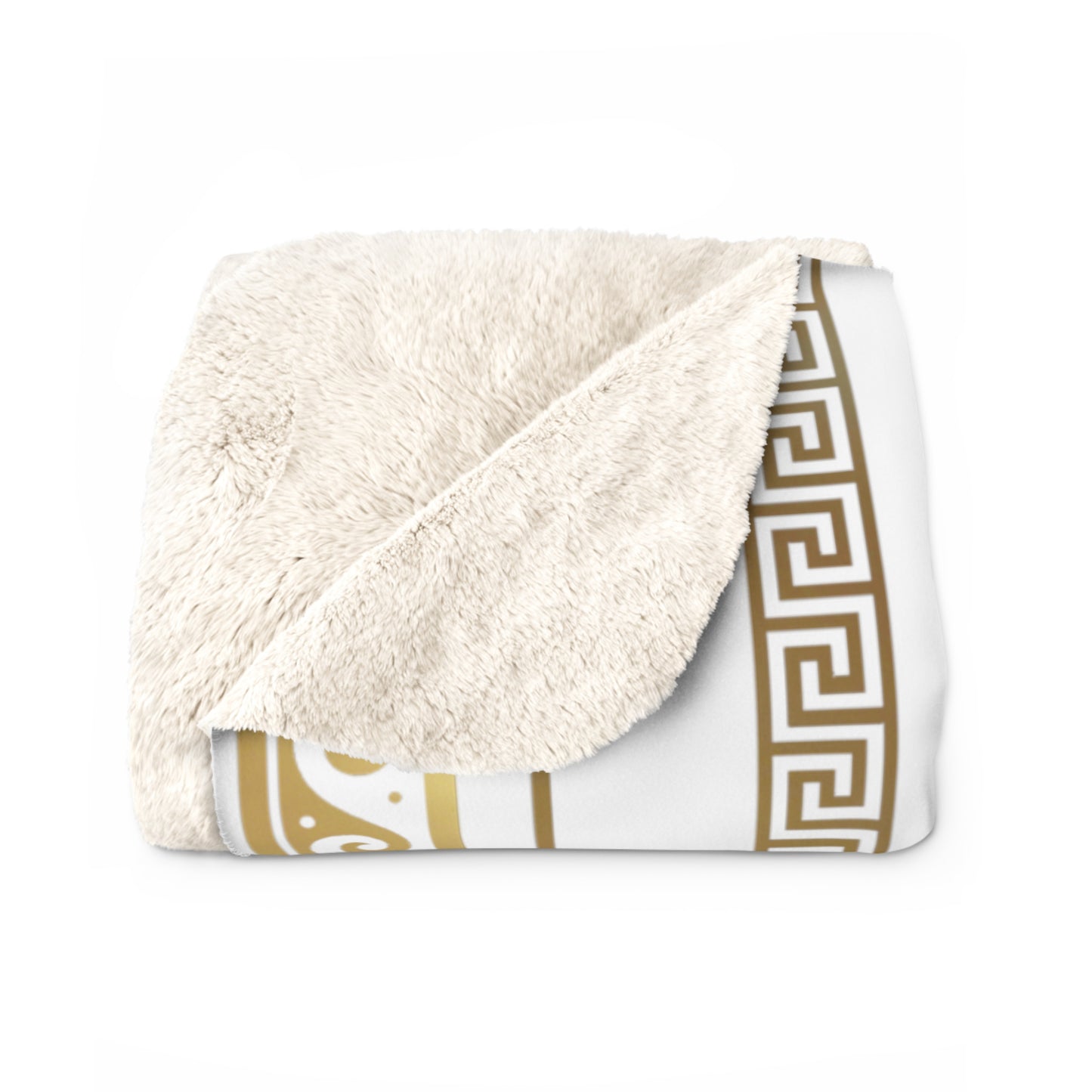 Greek Key Design Gold Striped White Sherpa Fleece Blanket