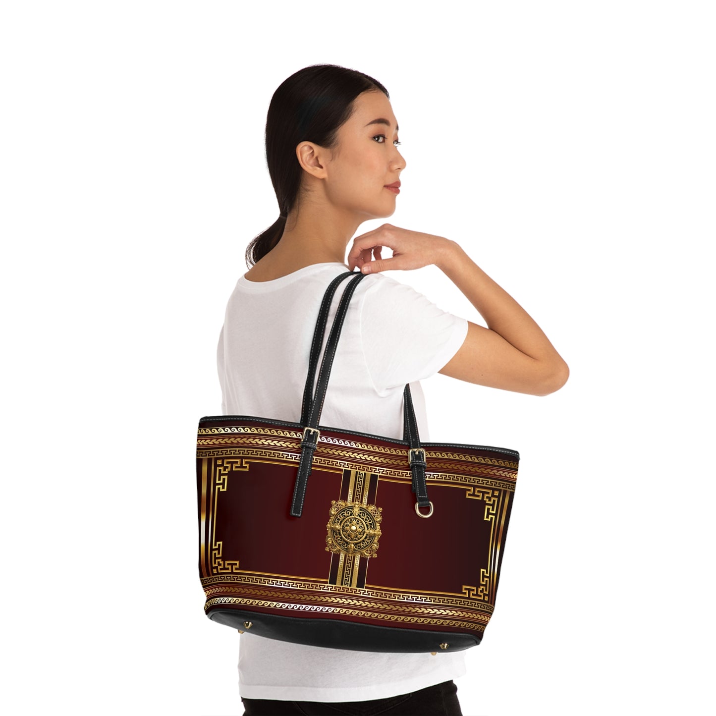 Greek Key Gold Maroon PU Leather Shoulder Bag