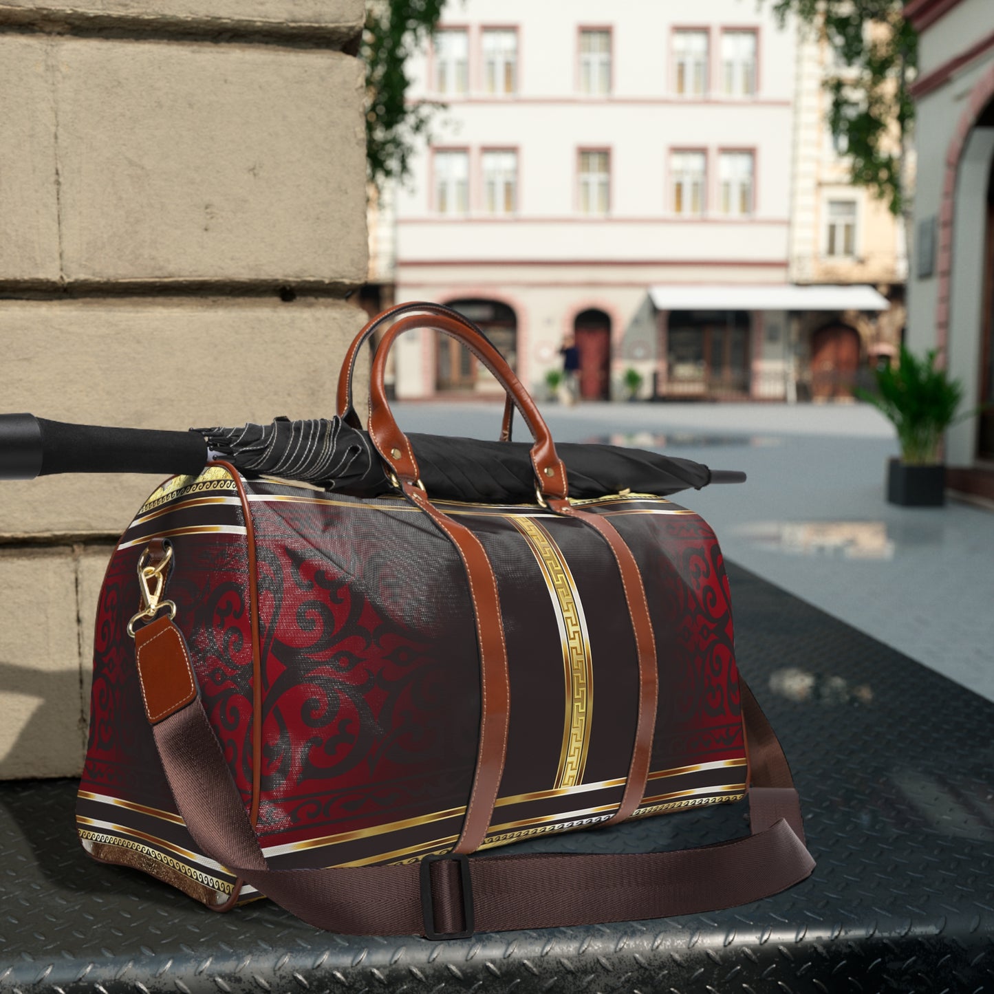 Maroon Black Red Gold Greek Key Waterproof Travel Bag