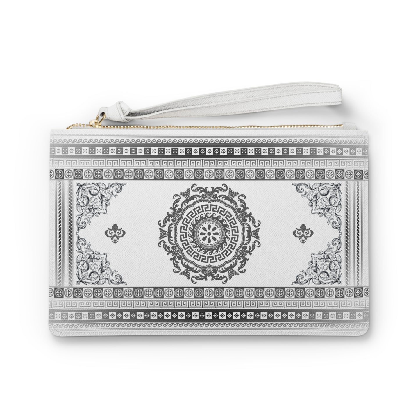 Greek Key Grey White Vegan Leather Clutch Bag