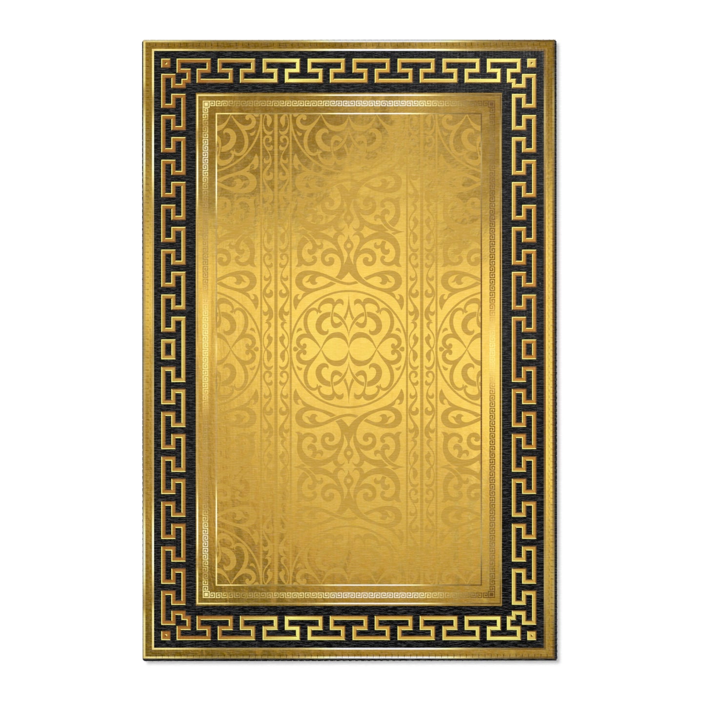 Gold Ornate Greek Keys Black Trim Area Rugs