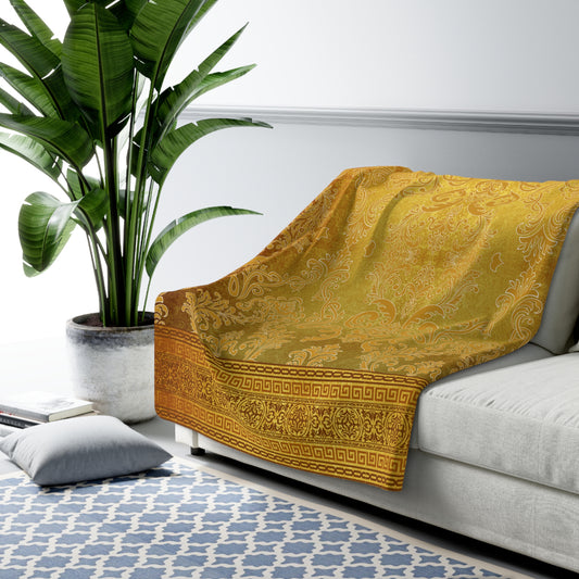 Greek Key Gold Ornate Floral Sherpa Fleece Blanket