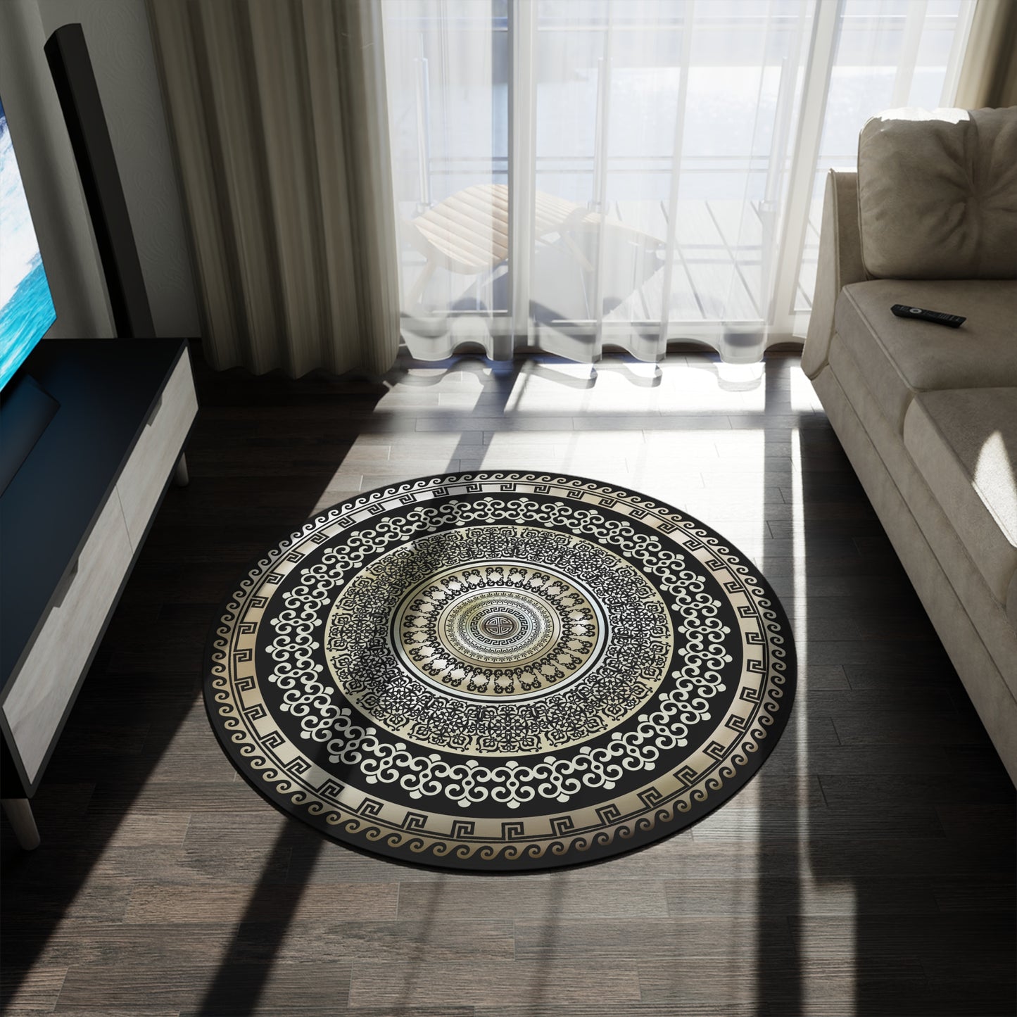 Greek Key Black Beige Ornate Baroque Round Rug