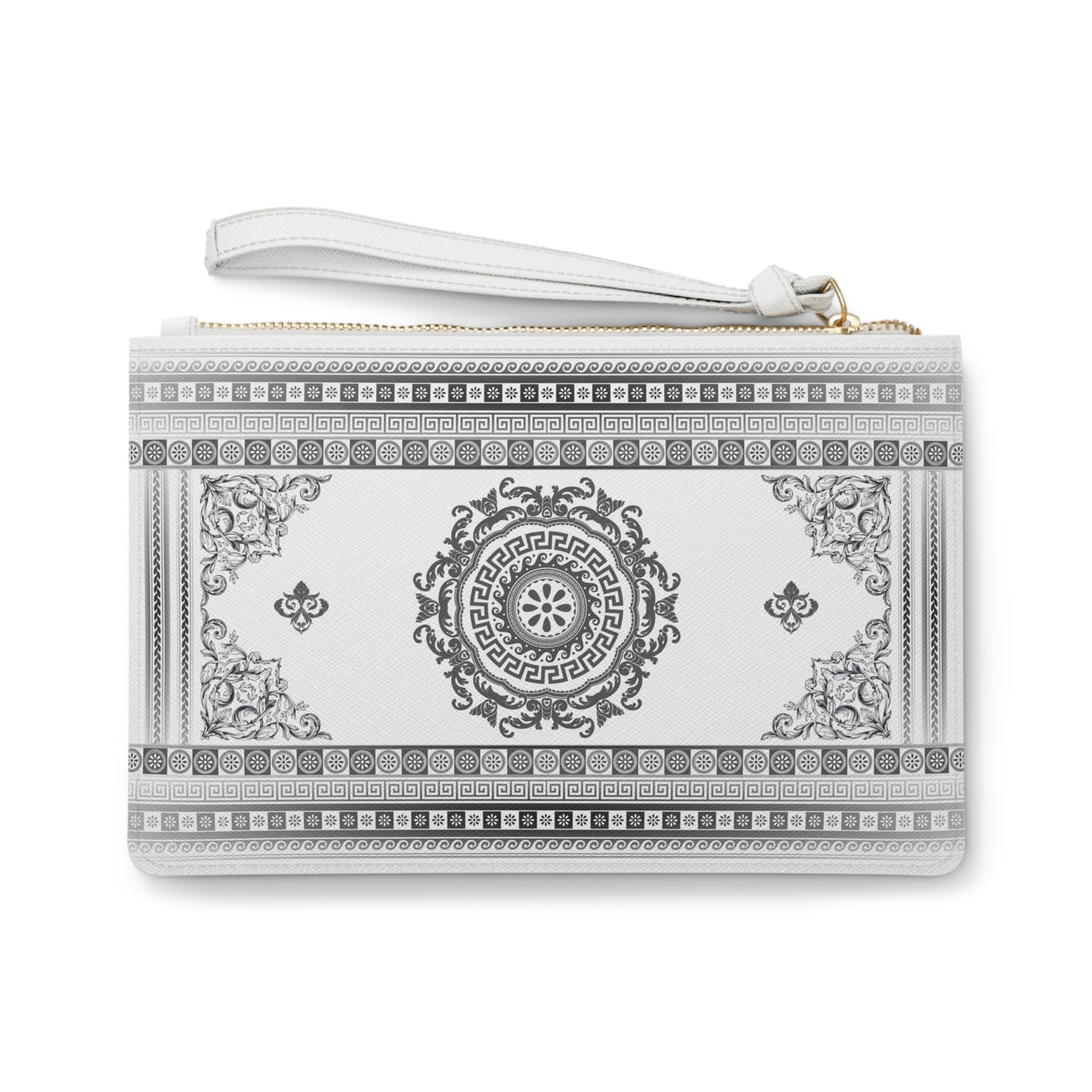 Greek Key Grey White Vegan Leather Clutch Bag