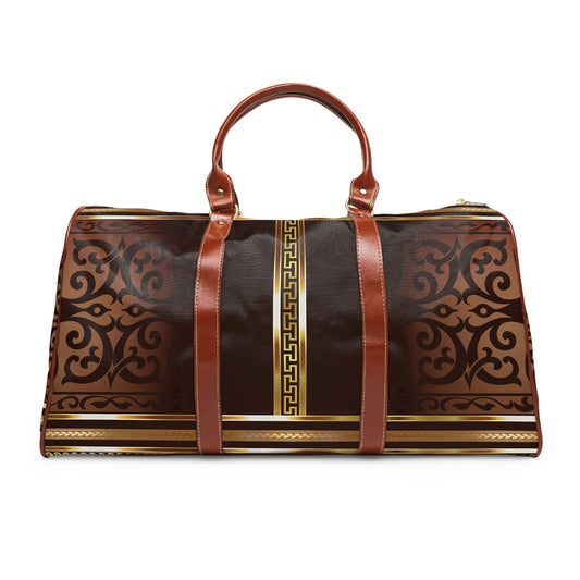Brown Gold Greek Key Waterproof Travel Bag