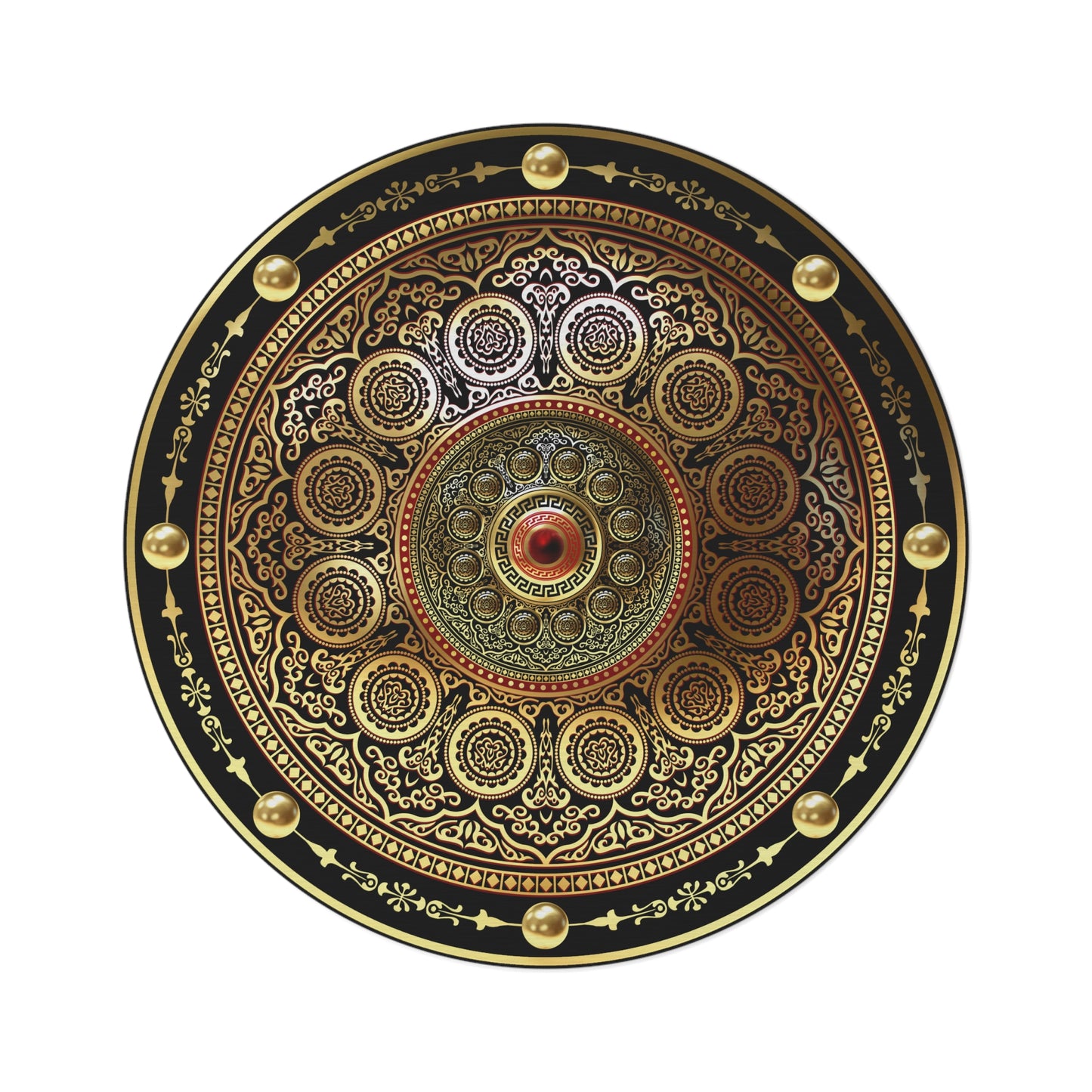 Gold Red Black Ornate Greek Key Round Rug