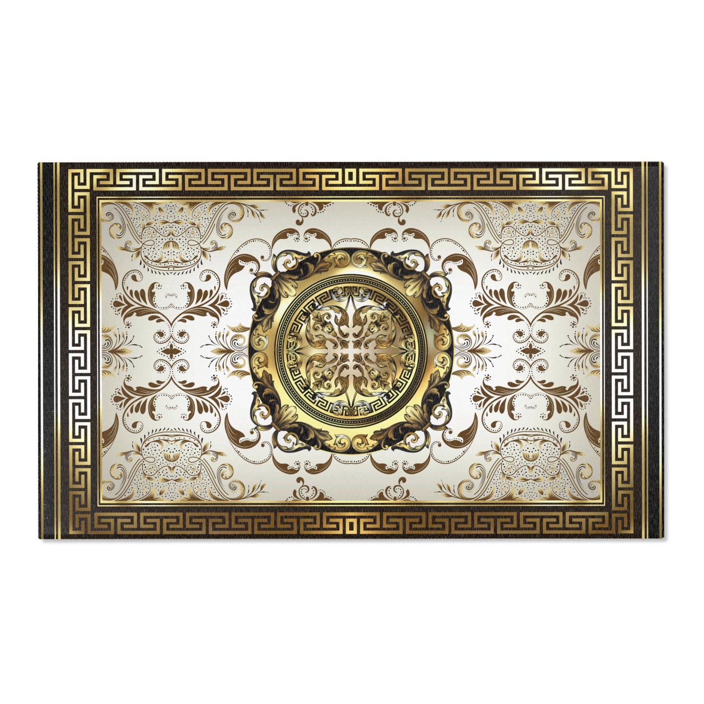 Ornate Floral Gold Tan Black Greek Key Area Rugs