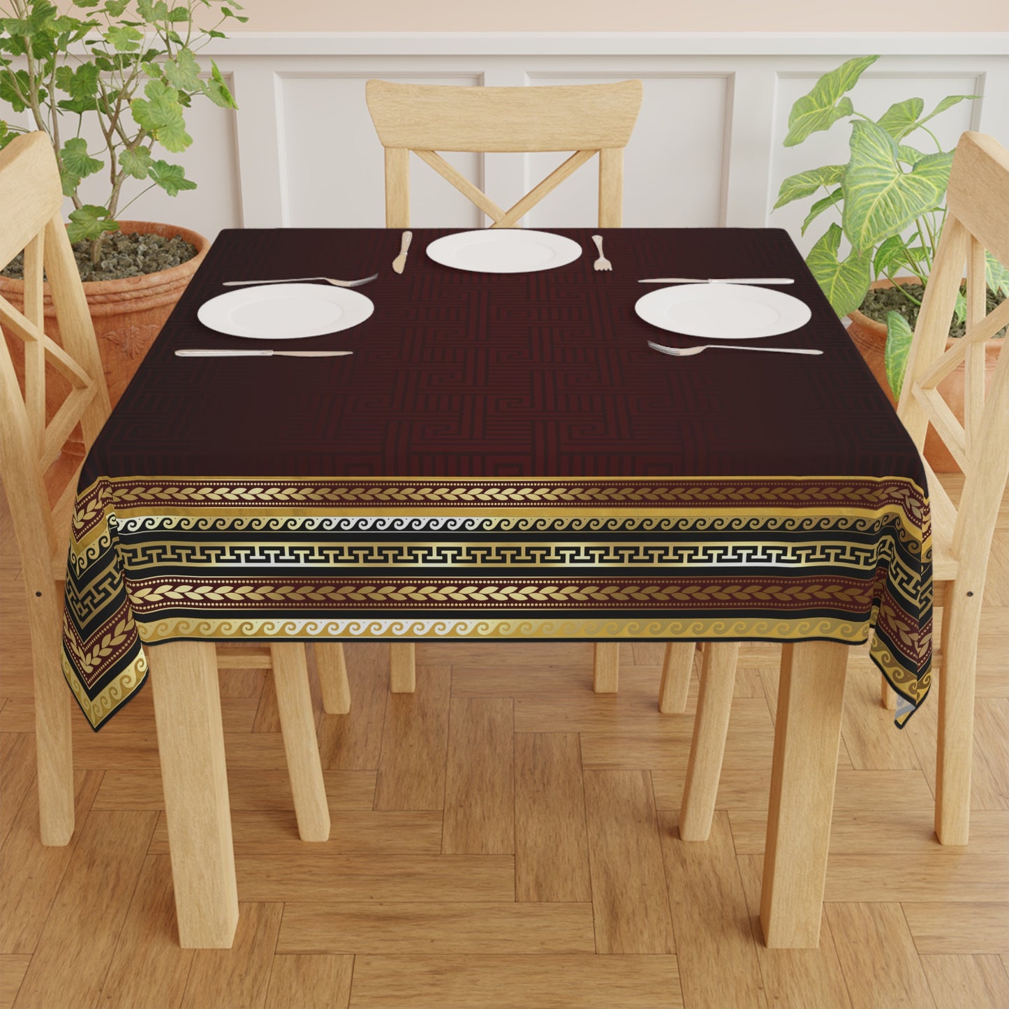 Gold Black Maroon Greek Key Ornate Baroque Tablecloth