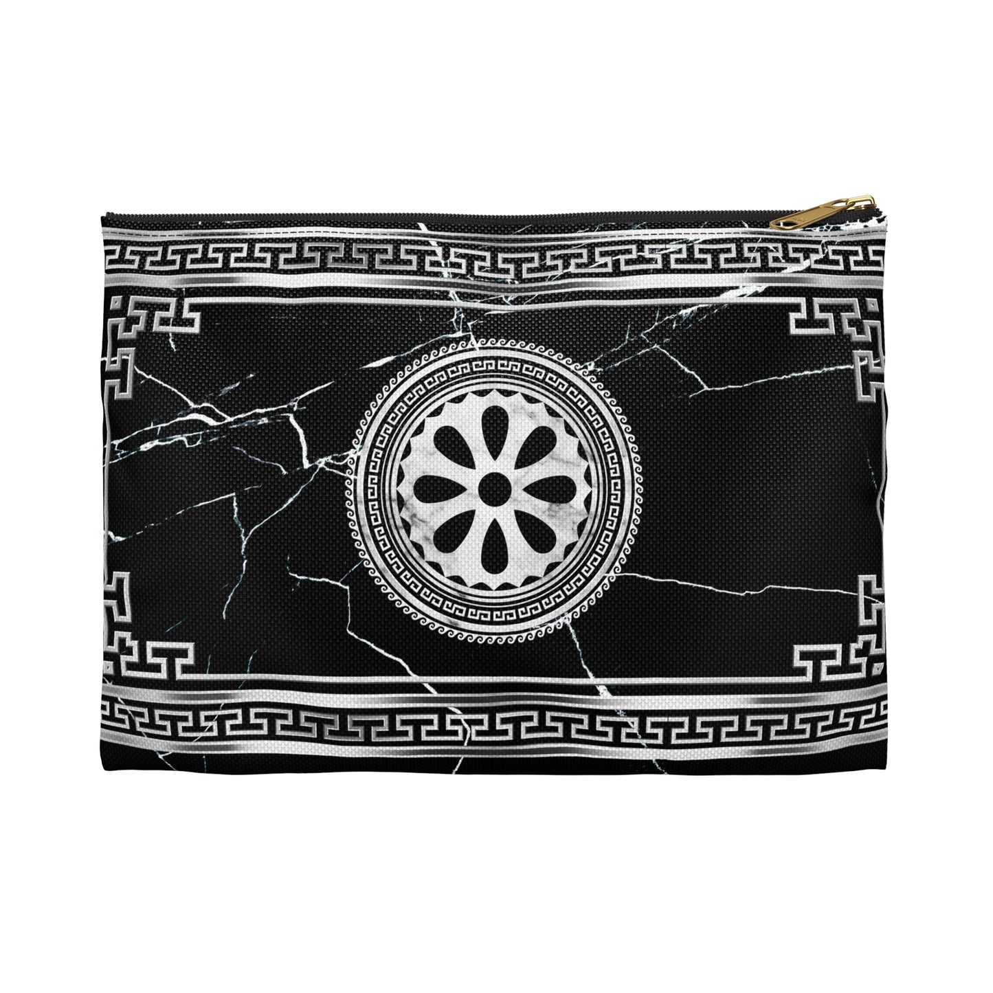 Greek Key Silver Black Marbleized Accessory Pouch