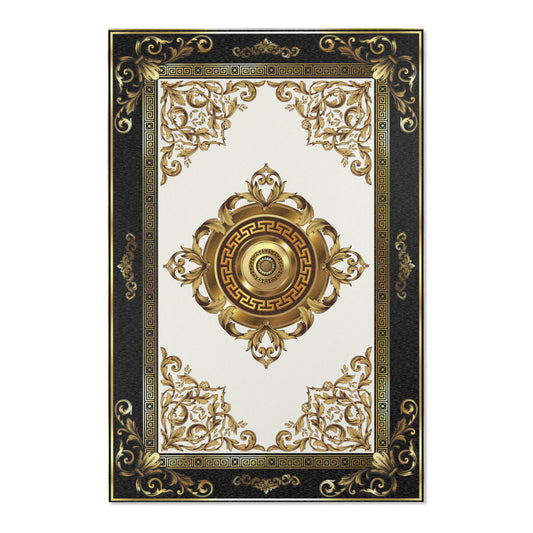 Cream Gold Black Greek Keys Ornate Area Rugs