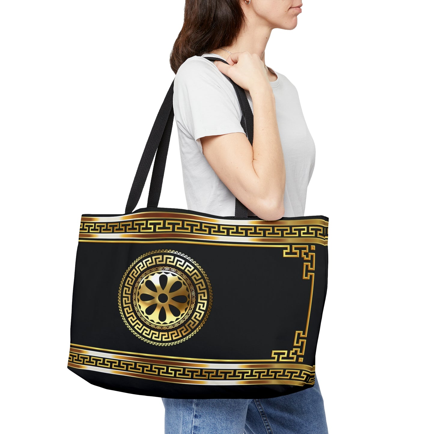 Greek Key Gold Black Flower Weekender Tote Bag