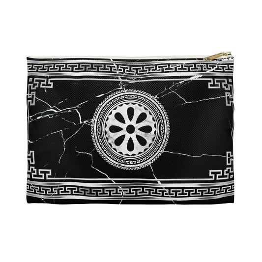 Greek Key Silver Black Marbleized Accessory Pouch